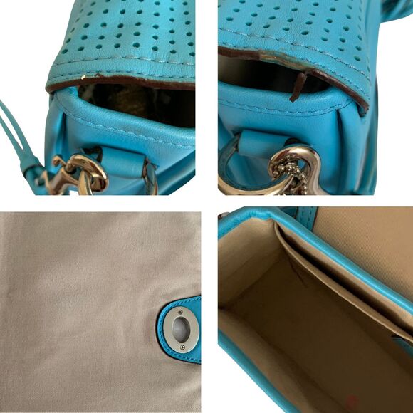 Coach Perforated Vibrant Turquoise Blue Leather Flap Crossbody Shoulder Bag - Picture 12 of 15